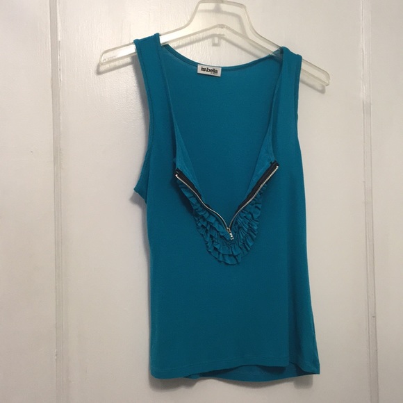 Turquoise Zip Down Ruffle Ribbed Top - Picture 3 of 6